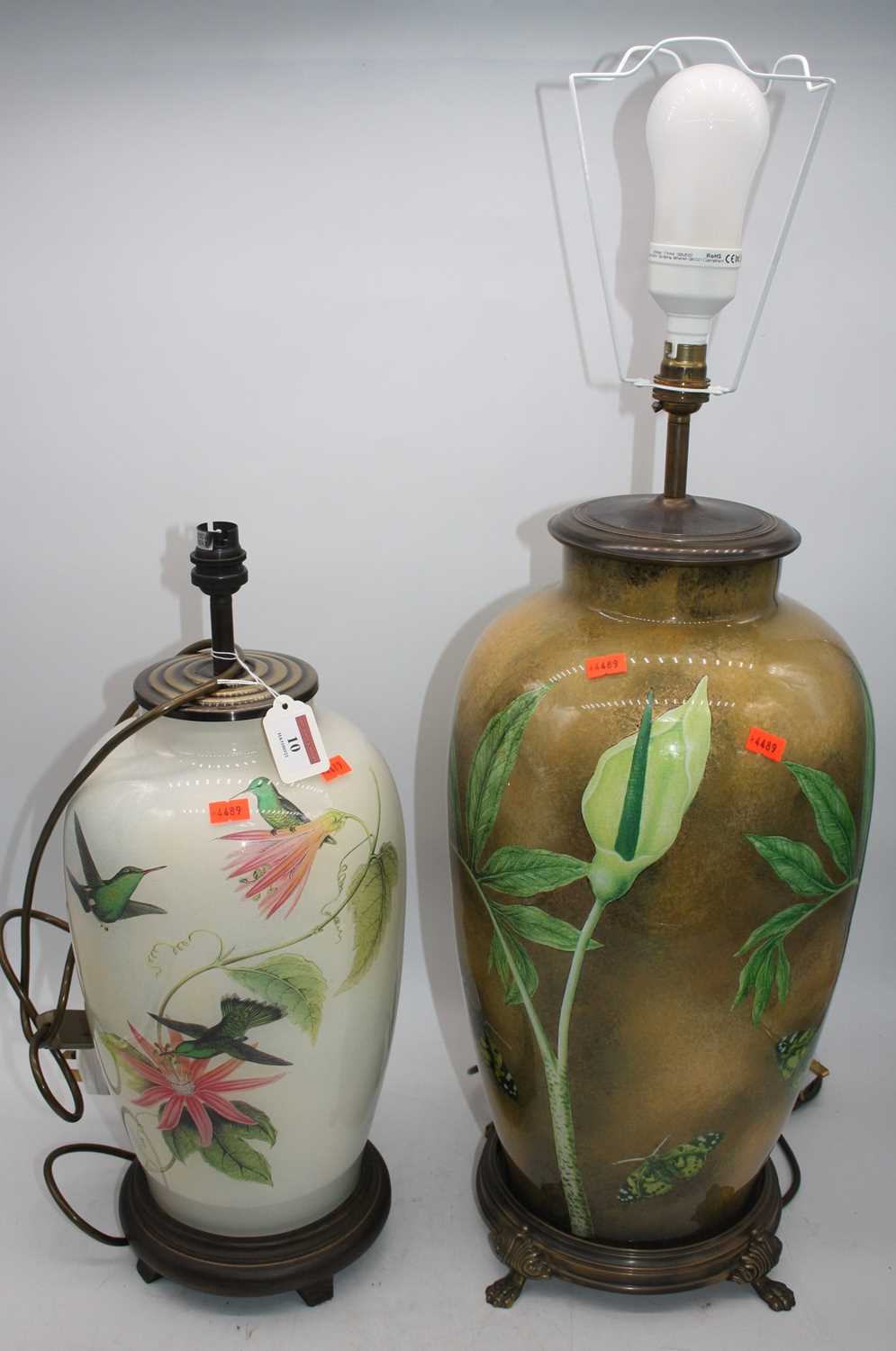 Two modern table lamps, each decorated with birds and insects, the largest h.75cm