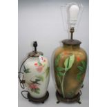 Two modern table lamps, each decorated with birds and insects, the largest h.75cm
