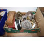 A collection of miscellaneous items to include horse brasses, Pratt ware pot lids, brass chamber