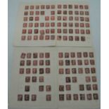 Four loose stamp album leaves, affixed with Victorian penny red stamps, various plates