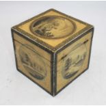 A 19th century tea caddy, transfer decorated with rural scenes, w.12cmGenerally quite tired but no
