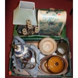 Two boxes of miscellaneous items, to include metalwares, brass set of scales, table lamp etc