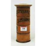 A Victorian sycamore four-section spice tower, each section annotated for Cloves, Cinnamon, Mace and