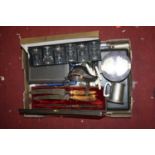 A box of miscellaneous items, to include a Victorian stag antler handled carving knife, silver