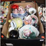 A box of various eastern ceramics to include an enamel decorated part tea service