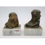 A pair of gilt metal head and shoulders busts, each mounted upon a polished hardstone plinth, h.15cm