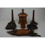 A collection of treen, to include turned sycamore dice shaker, plate stands, string box and cover,