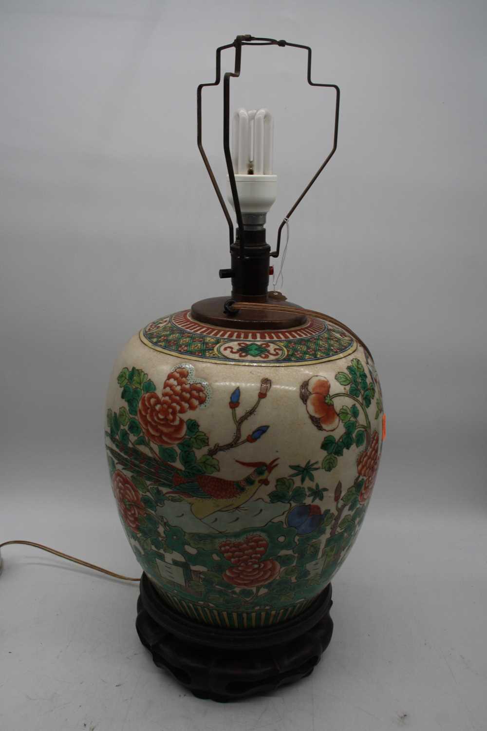A Chinese export porcelain jar, later converted to a table lamp, enamel decorated with birds amongst - Image 2 of 5