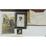 A mahogany box and contents, to include WWII period diary, silver clad easel photograph frame,