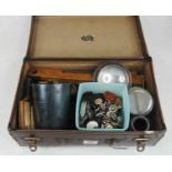 A small faux leather case and contents, to include brass bell weight, silver plated tankard, boxwood