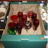 A box of various glass ware to include a 19th century rummer and cranberry examples