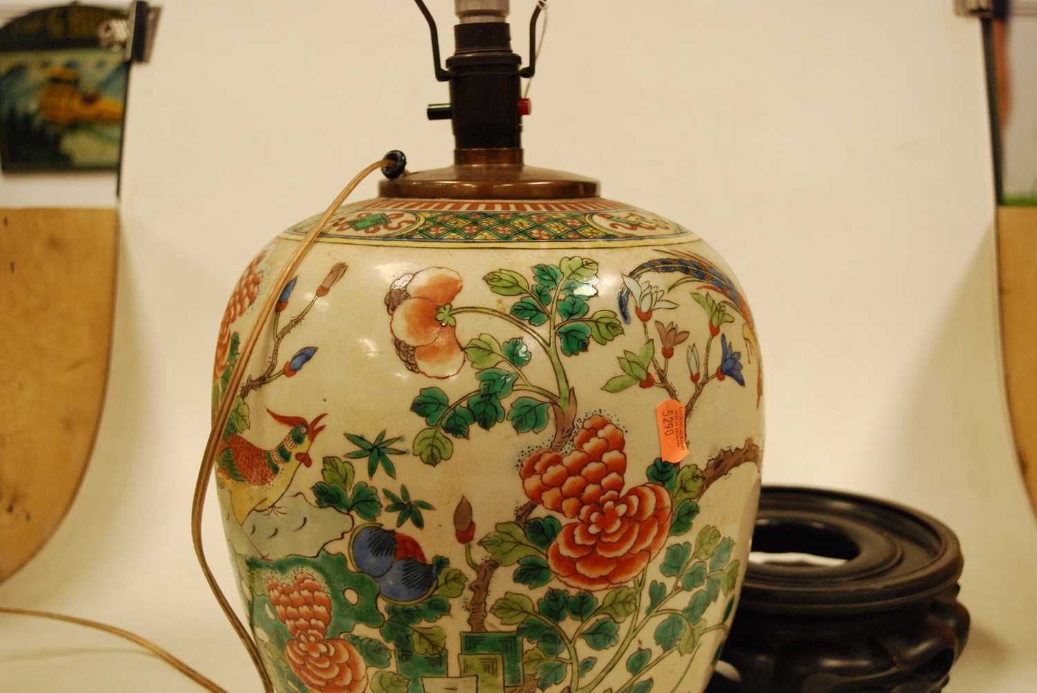 A Chinese export porcelain jar, later converted to a table lamp, enamel decorated with birds amongst - Image 4 of 5