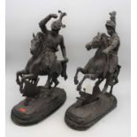 A pair of 19th century spelter figures of knights on horseback, h.48cmBoth are missing their sword
