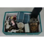 A box of miscellaneous items, to include silver plated helmet shaped sugar scoop, boxed silver
