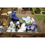 A box of ceramics, to include a Galle style cat, Japanese part tea service etc