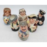 A collection of six Royal Doulton Doultonville collection figural jugs, largest height 11cm