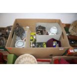 A box of miscellaneous items to include Chinese blue & white jars, flatware etc