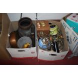 Two boxes of miscellaneous items to include metalware, glassware, and ceramics