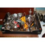 A box of miscellaneous metalware, to include early 20th century Old Sheffield Plate samovar,