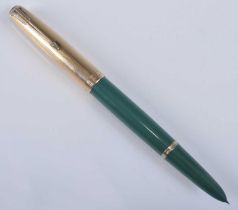 A Parker 51 double jewelled fountain pen, in Nassau Green with gold trim, the barrel engraved PARKER