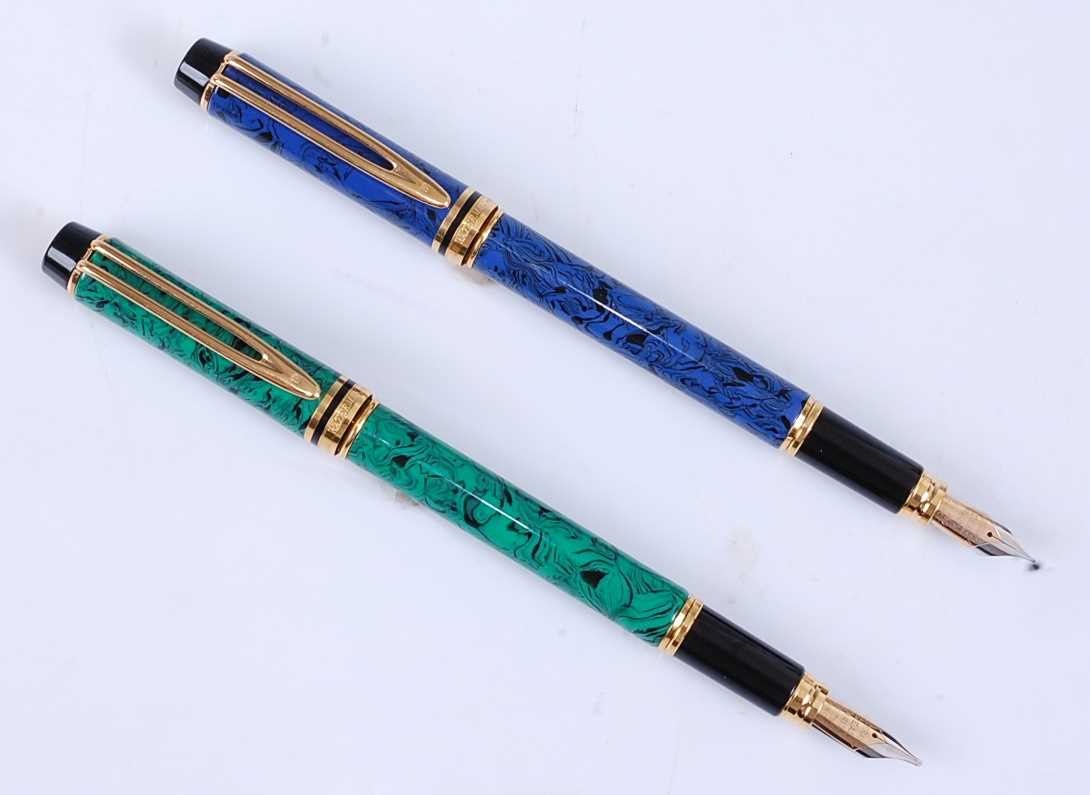Two Waterman's Le Man 200 fountain pens, being Green and Blue Marble designs with gold plated