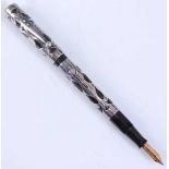 A Waterman's Ideal Filigree Silver overlay fountain pen, black with sterling silver Art Deco style