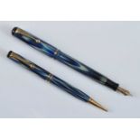A Parker True Blue Juniorette fountain pen and pencil set, with gold plated fittings, the fountain
