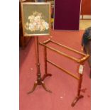 A 19th century oak and tapestry inset polescreen, together with a turned mahogany towel rail (2)