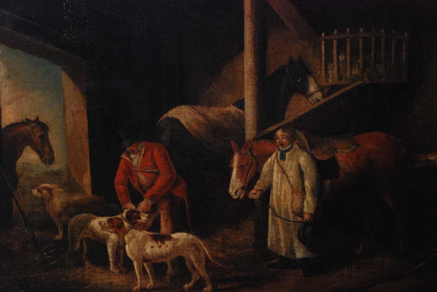 Circle of George Morland - Stable interior, Sportsmen going out, oil on canvas, indistinctly - Image 3 of 4