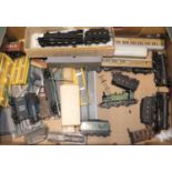 A tray of 00 gauge locomotive rolling stock and lineside accessories, to include a white metal kit