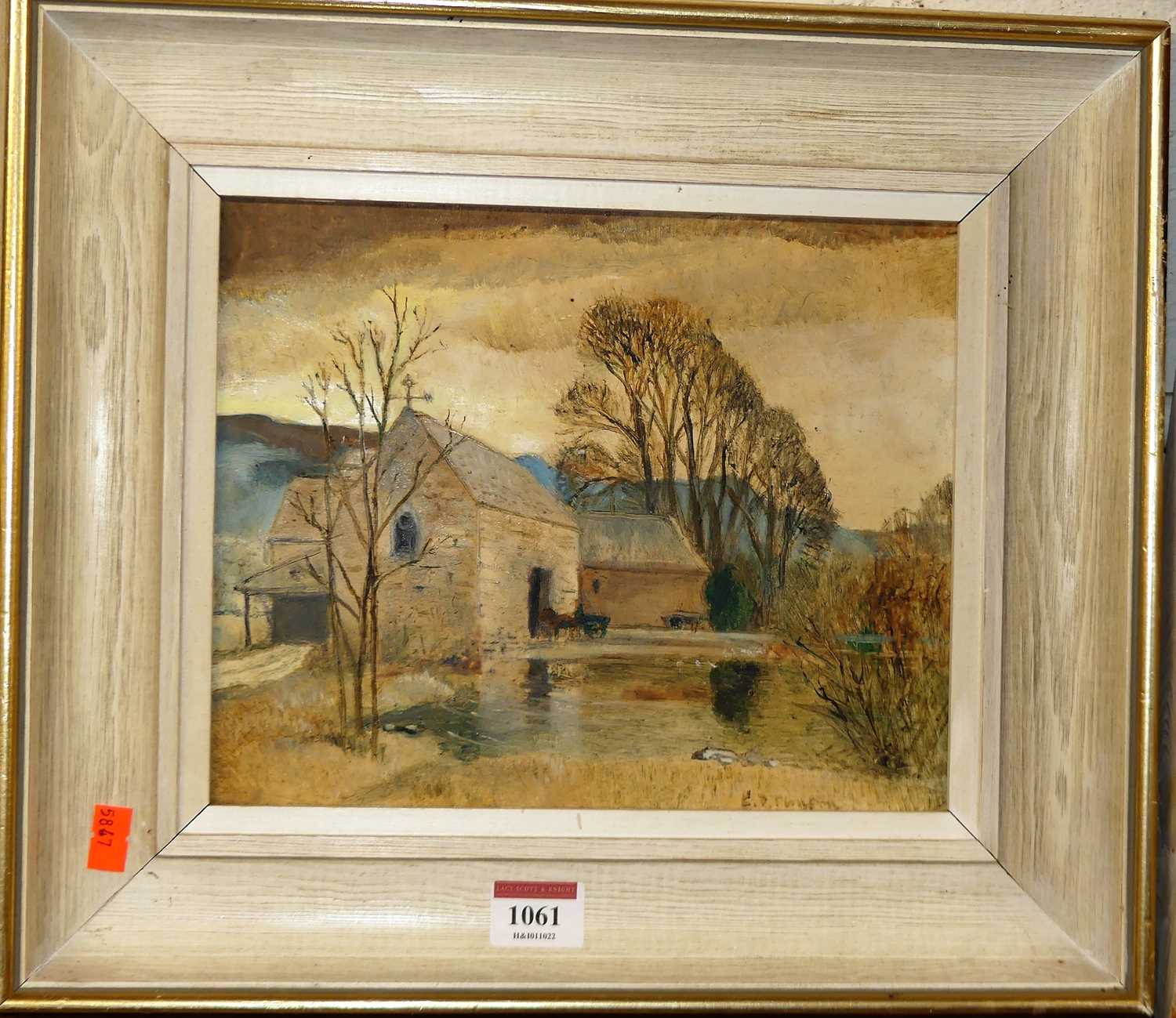 P Thompson - Cotswold Farm, oil on mill board, signed lower right, provenance; Reading Guild of