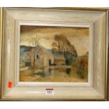 P Thompson - Cotswold Farm, oil on mill board, signed lower right, provenance; Reading Guild of