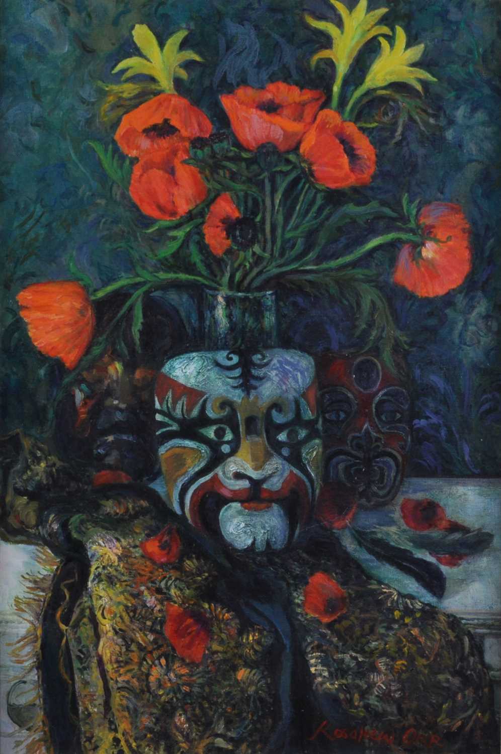Rosaleen Orr (1935-2015) - Still life poppies in a mask decorated vase, oil on canvas, signed