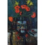 Rosaleen Orr (1935-2015) - Still life poppies in a mask decorated vase, oil on canvas, signed