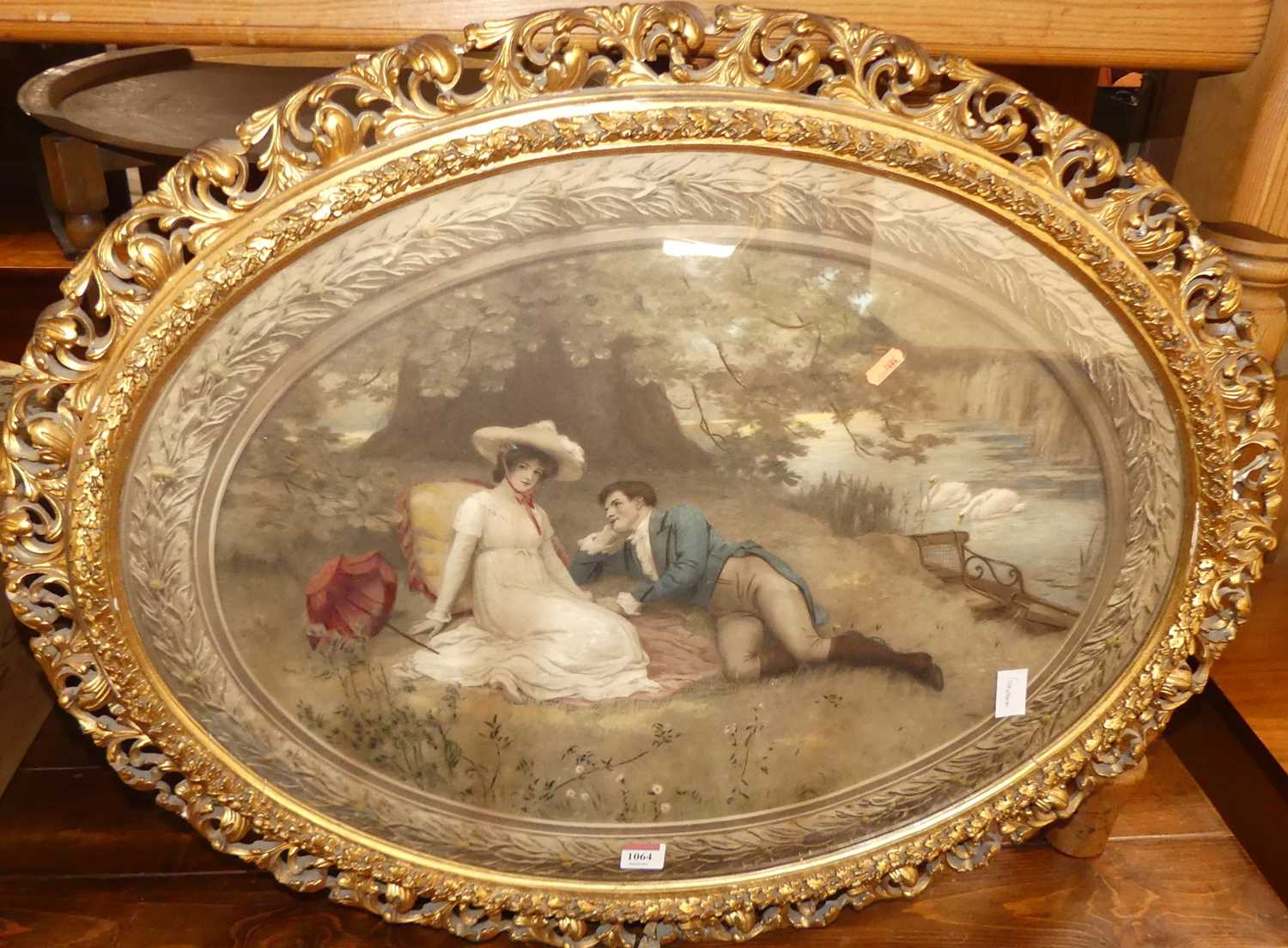 Sheridan Knowles - Courtship scene, lithograph, framed as an oval in gilt composition swept frame,