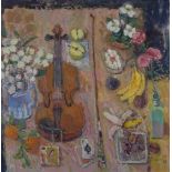 Donald Manson (b.1948) - Violin, bananas and Christmas rose, oil on linen, 66 x 66cm, signed lower