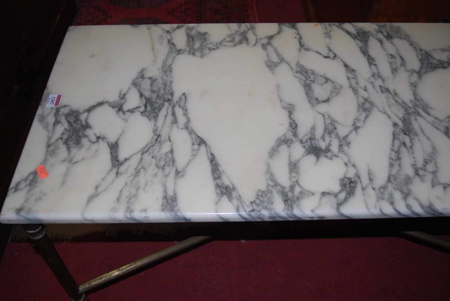 A variegated marble topped rectangular low coffee table, raised on reeded brass supports, length - Image 6 of 6