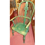 A green painted elm splat back Windsor chair, width 52cm