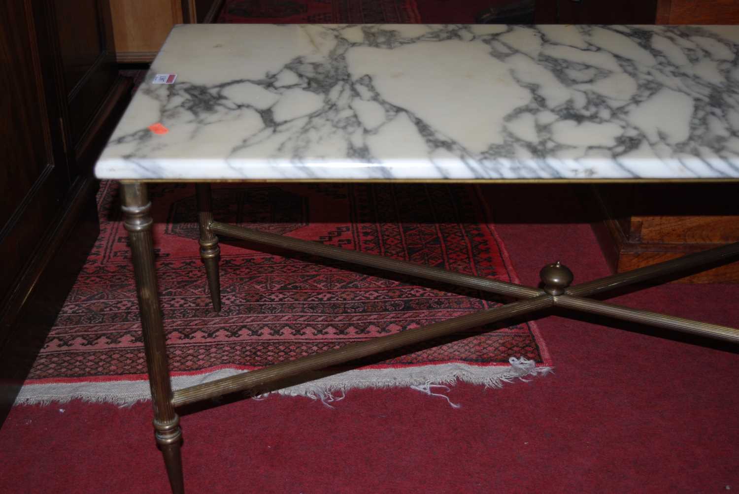 A variegated marble topped rectangular low coffee table, raised on reeded brass supports, length - Image 5 of 6