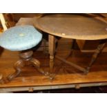 An engraved brass topped circular benares table on folding base, dia. 60cm, together with a
