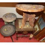 An Indo-Persian ebonised hardwood tripod table, painted stool, inlaid occasional table etc