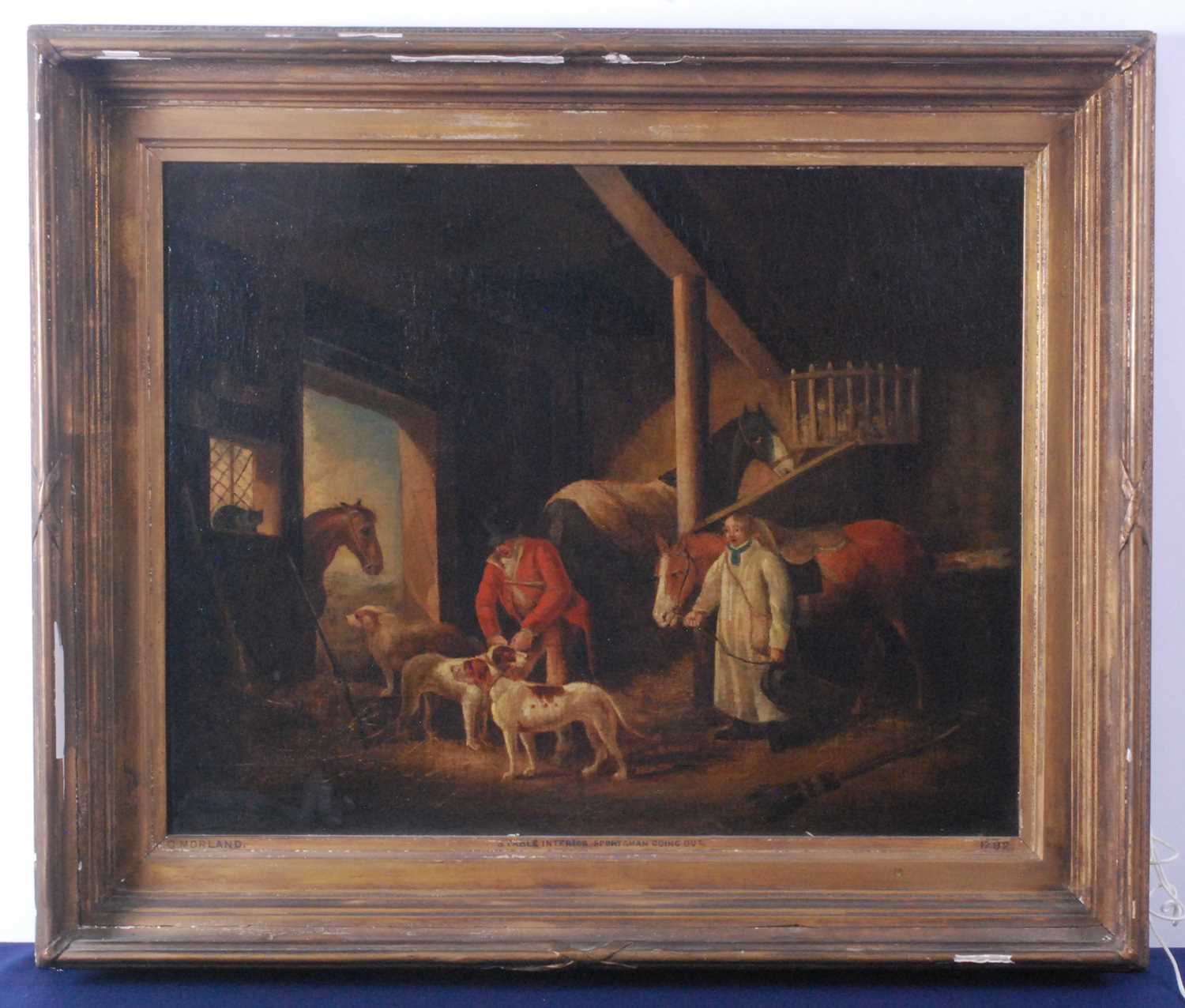 Circle of George Morland - Stable interior, Sportsmen going out, oil on canvas, indistinctly - Image 2 of 4