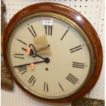 A walnut circular wall clock, having plain white enamel painted dial, dia. 36.5cm