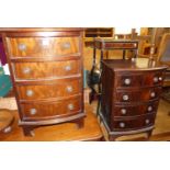 A pair of reproduction mahogany bow front bedside chests of four long drawers, width 43cm