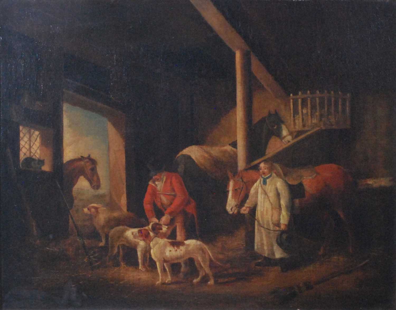 Circle of George Morland - Stable interior, Sportsmen going out, oil on canvas, indistinctly