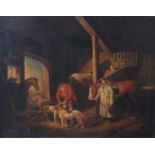 Circle of George Morland - Stable interior, Sportsmen going out, oil on canvas, indistinctly