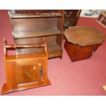 A mahogany three-tier waterfall open wall shelf, width 56cm, together with a further stained