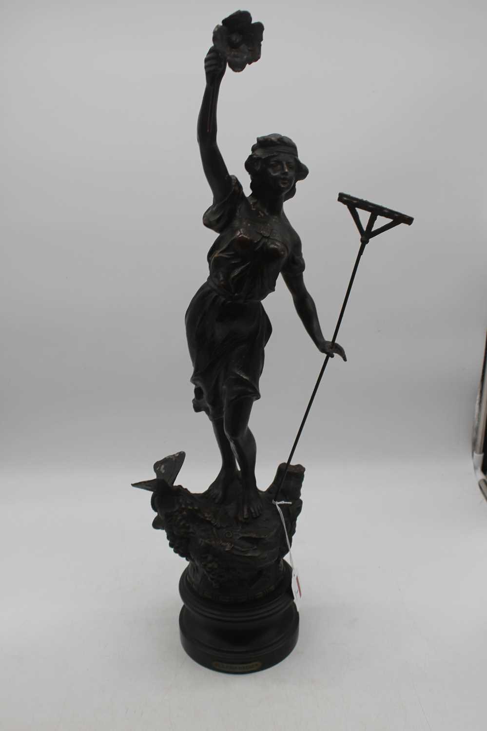 A pair of early 20th century spelter figures, each on wooden socle base entitled Le Faucheur and - Image 4 of 4