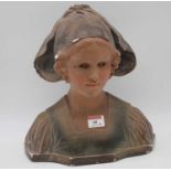 A French Art Nouveau painted plaster bust of a girl described Boutrole Paris, verso, numbered 182,