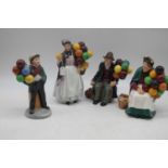 A collection of four Royal Doulton figures to include Balloon Boy, The Old Balloon Seller, Biddy